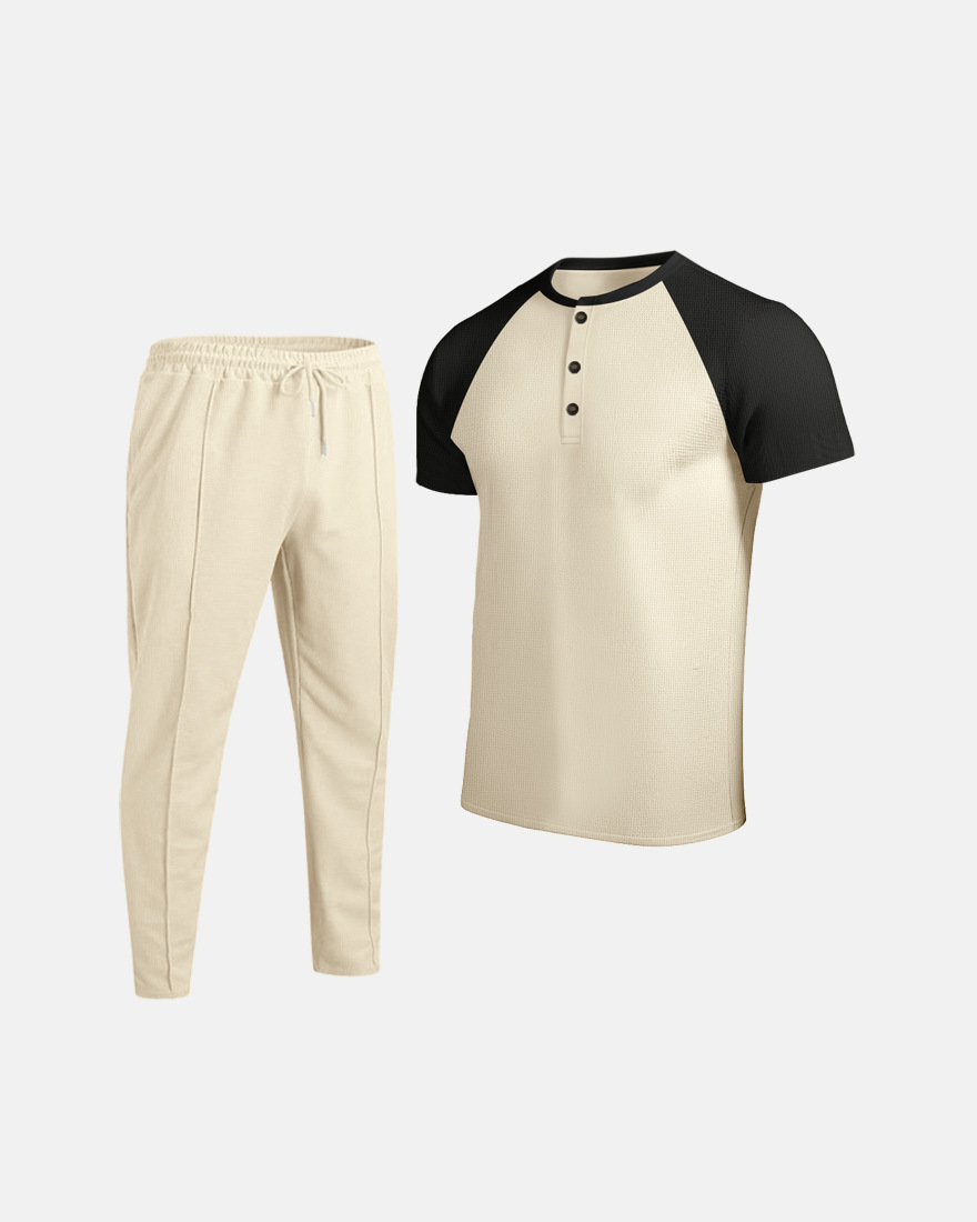 Men's Clothing Men's Summer Waffle Knit Crew Neck Color Block T-Shirt Short Sleeve Casual Outdoor Set For Formal & Casual_viptrois.com