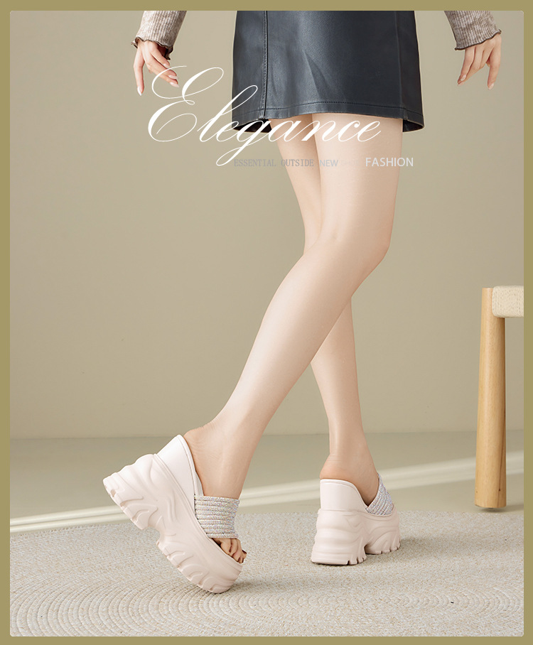 Sandal cao gót nữ đính đá quai ngang đế dày platform gót 9 cm — màu đen, màu trắng ngà chi tiết 1