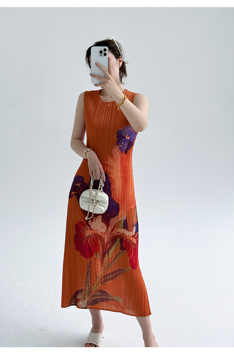 Đầm maxi nữ thắt eo kiểu mới phong cách Trung Hoa hiện đại, họa tiết in hoa cổ điển, chất liệu nhăn nhẹ mùa hè — màu đen chi tiết 7