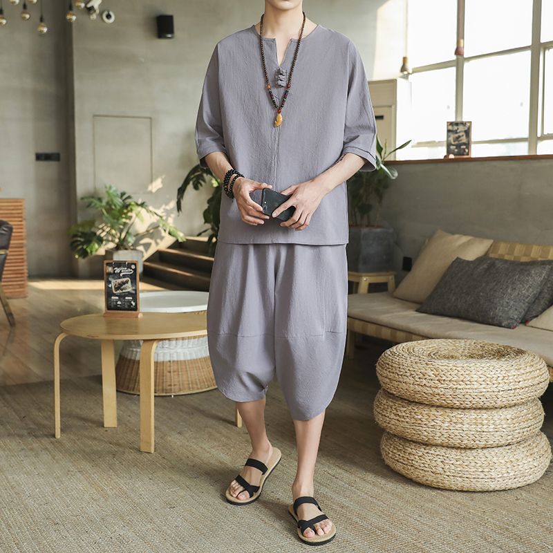 Nuevo traje de lino de verano para hombre Camiseta de estilo chino de manga corta de dos piezas de gran tamaño pantalones recortados sueltos para hombre