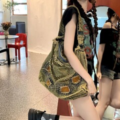 伊妮兒 復古牛仔包美式潮流斜挎包鉚釘設計感單肩包學生大容量包