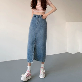 韩版高腰开叉ins牛仔半身裙女春夏季新款中长款遮胯a字包臀牛仔裙