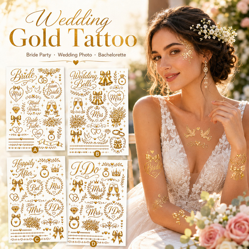 Cross-Border New Style Gold Wedding Tattoo Stickers for Brides and Bridesmaids Party Temporary Metallic Gold Foil Stickers European and American Style Wedding Cross-Border New Style Gold Wedding Tattoo Stickers for Brides and Bridesmaids Party Temporary Metallic Gold Foil Stickers European and American Style Wedding