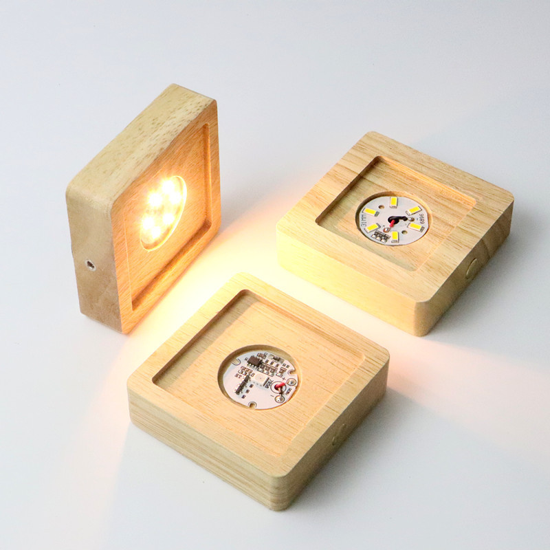 Square carved embedded solid wood luminous base LED night light square crystal lamp holder charging spot supply