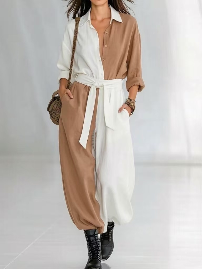 Damenbekleidung Frühlingsmode: Einfarbiger Patchwork-Jumpsuit mit langen Ärmeln und Bindeband für Damen_voghion.com