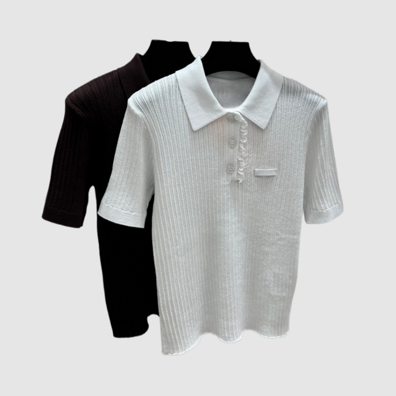 Newly Launched M+ Fashionable Letter Patch Color-Blocked Button Lace Patchwork Pure Desire Polo Collar Knitted Short-Sleeve Top
