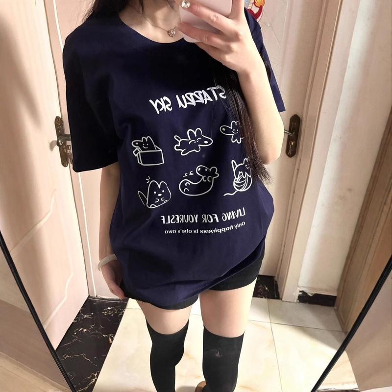 Pure Cotton Short-sleeved T-shirt Couple's Clothing Printed Top Clothes Women's 2025 Clearance Hot Girls Retro Sports Style Selection for Students