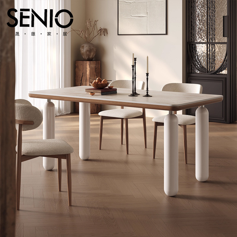 Slate Dining Table for Home, High-End Small Apartment Dining Table and Chairs, a Set of Medieval Cream Style Solid Wood Dining Table