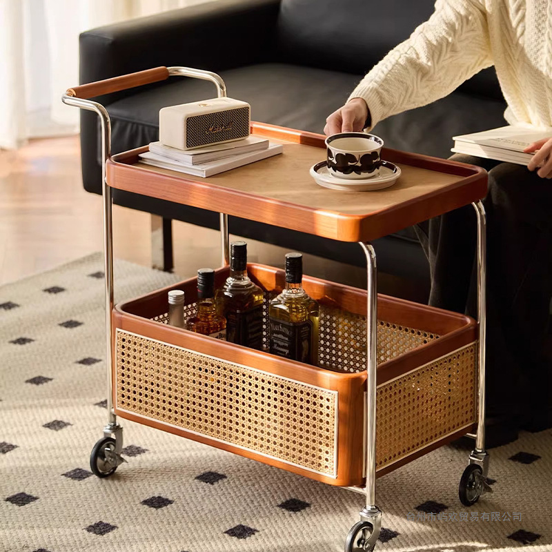 Solid Wood Mobile Trolley, Living Room Sofa Side Table, Bedside Table, Storage Rack, Vintage Style, Snack Rack, French Style
