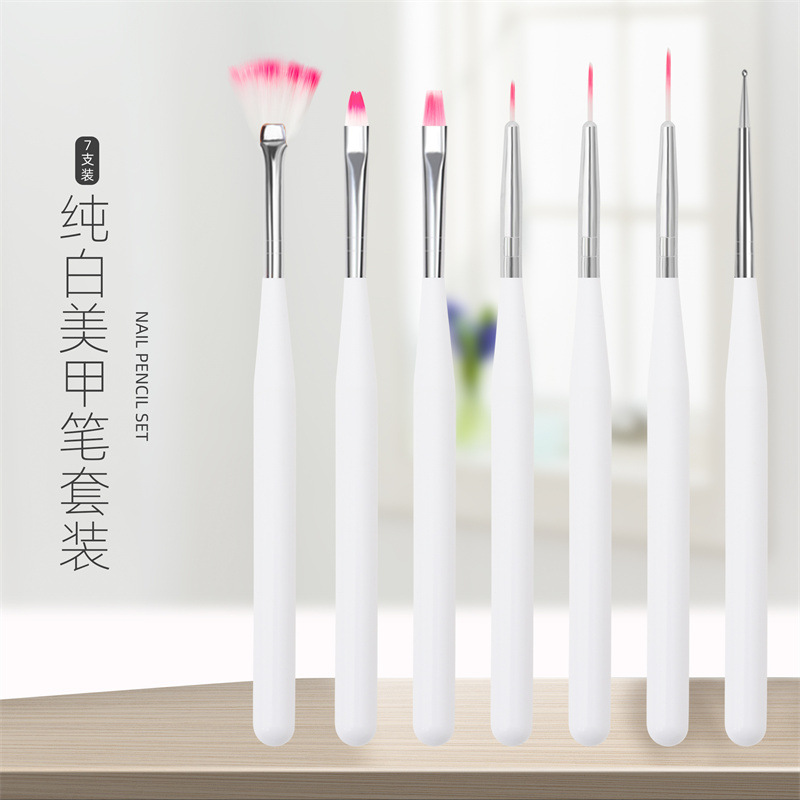 Cross-border dedicado 7 piezas varilla blanca pintura de uñas pluma de talla pluma de dibujo pluma floreciente cepillo de uñas conjunto de 7 piezas