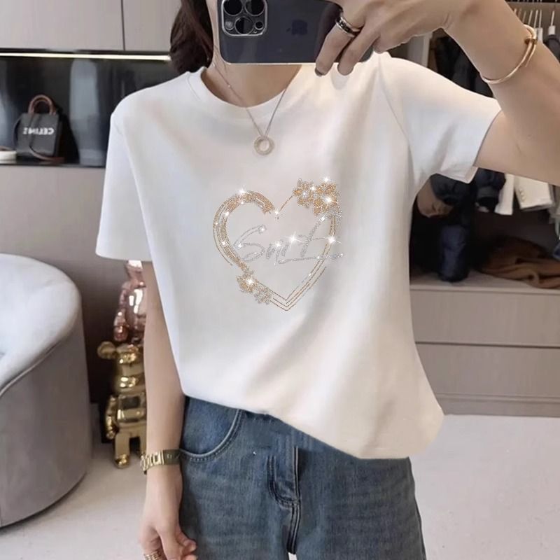 2026 Summer New European Style Oversized Heavy Embellished Rhinestone Pure Cotton Regular Shoulder Short Sleeve T-Shirt for Women, Loose White Top