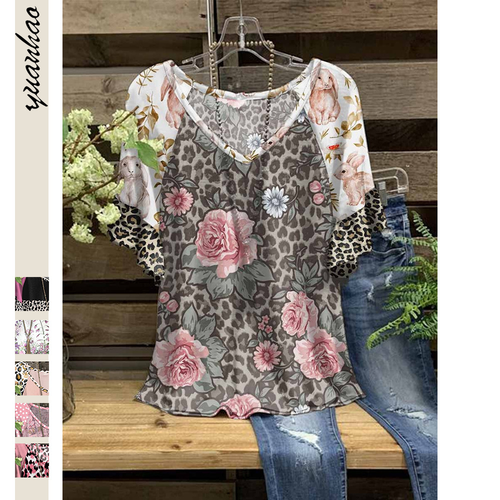 独立站亚马逊春夏休闲新款V领T恤碎花豹纹印花荷叶边短袖T恤