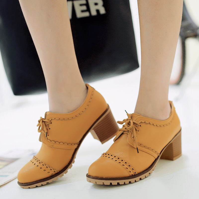 Elegant burnt flower stitching lace-up ankle shoes round toe European and American single-layer shoes square heel high heels 40-43 plus size foreign trade shoes