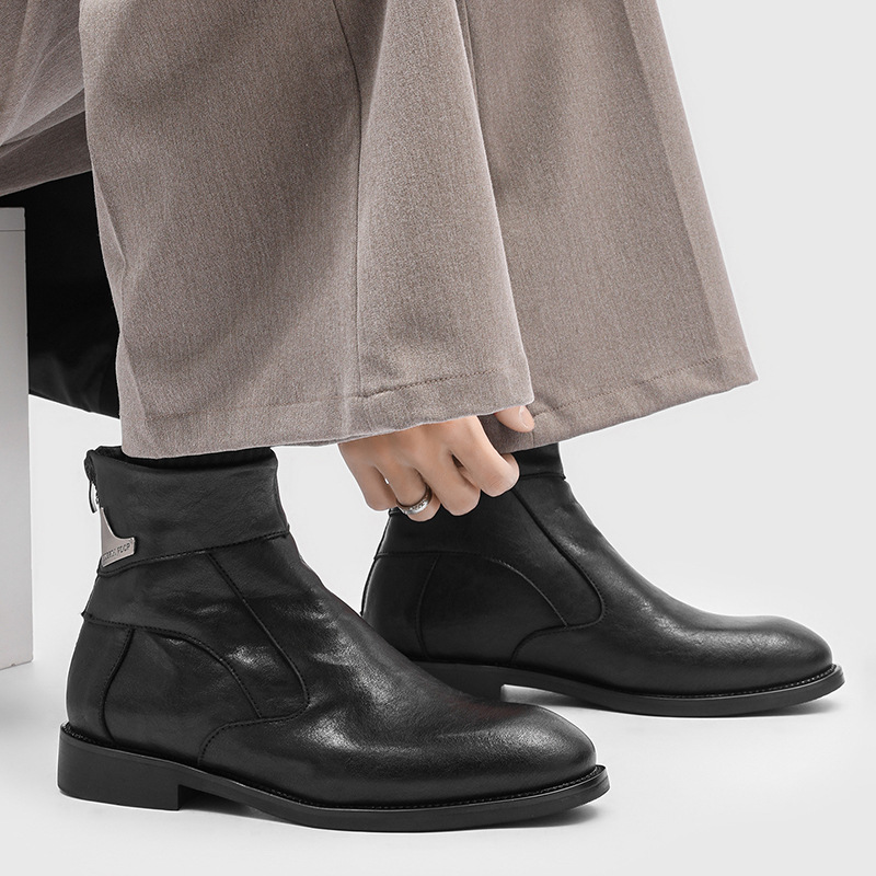 潮流后拉链男靴英伦风硬汉马丁靴复古切尔西靴高帮百搭防风机车靴