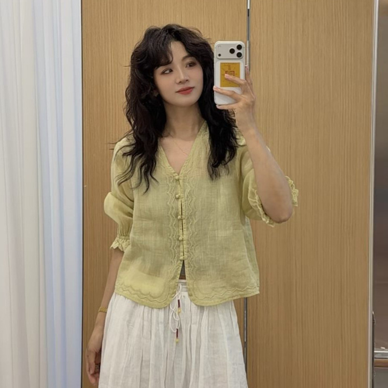 2026 Summer New Style Ramie Shirt V-Neck Short Style with Mushroom Buttons and Lace Cuffs Ramie Cardigan Shirt Top for Women