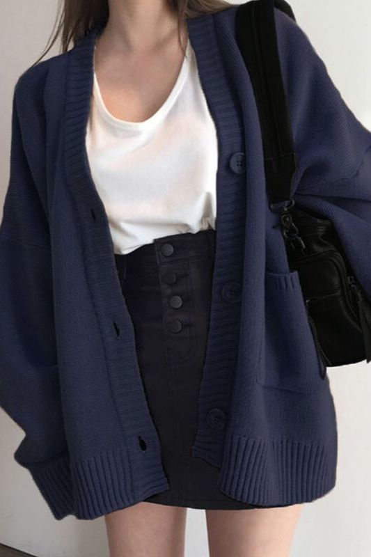 春秋新款V领藏青色针织开衫宽松外穿卡其色慵懒风黑色毛衣外套女