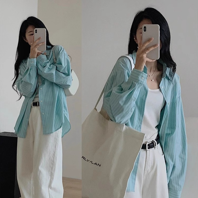 Mint Blue Green Striped Shirt Women's Spring and Autumn Top Design Niche Joker Sunscreen Shirt Jacket Wholesale
