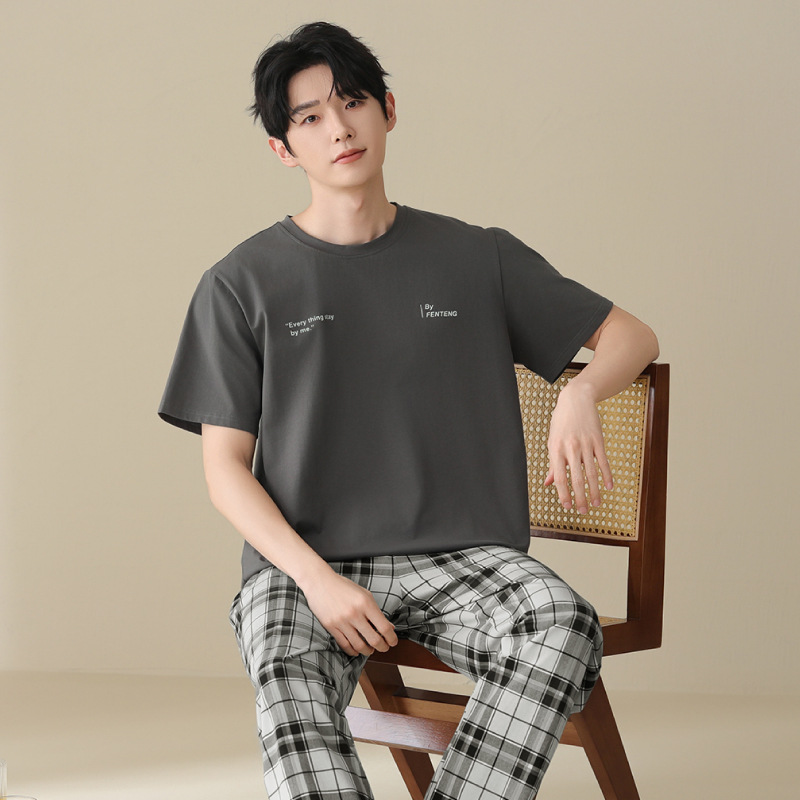 Pajamas Men's Summer Pure Cotton Short-sleeved Trousers Thin Pullover Men's Summer plus size Loose Outwear Home Clothes