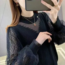 2025年新款蕾丝网纱拼接打底衫圆领上衣镂空冰丝针织衫女秋装舒适