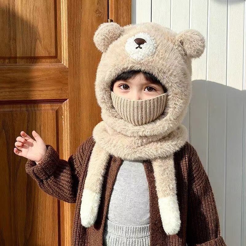 一捏会响毛线针织帽冬季儿童帽子围脖面罩一体帽毛绒小熊保暖帽子