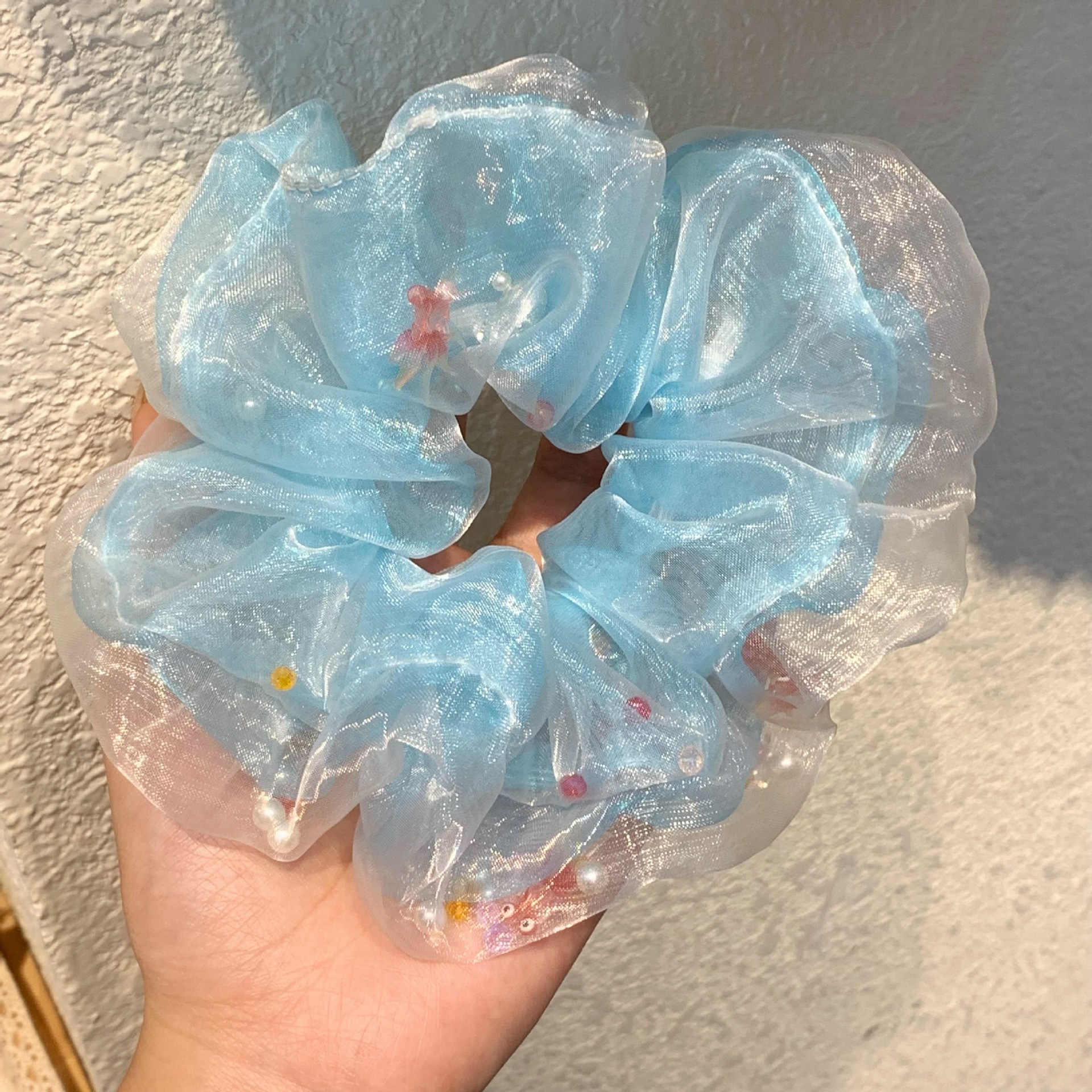 Pez dorado azul de satén de varias capas hecho a mano, anillo para el cabello de intestino grueso, verano femenino, nueva cuerda para la cabeza grande, accesorios para el cabello