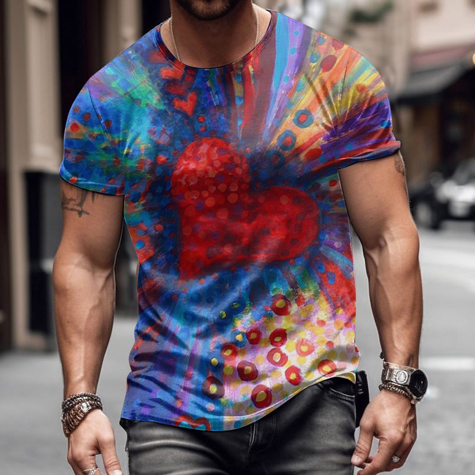 Moda romántica Día de San Valentín colorido amor 3D cepillado lleno de impresión de los hombres calle alta suelta transpirable camiseta de manga corta en stock