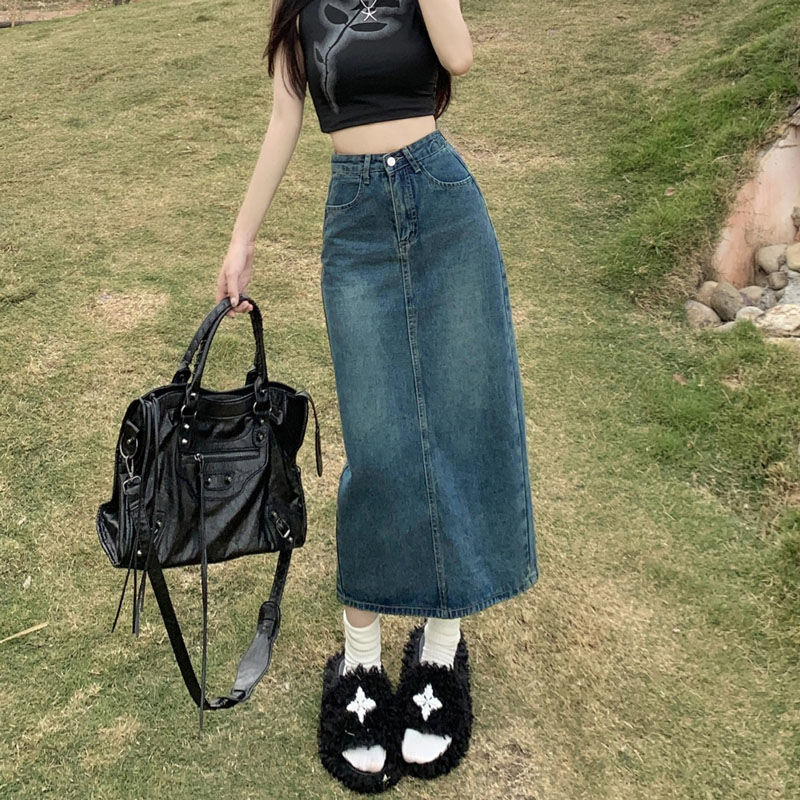 Summer High-End A-Line Slit Denim Skirt for Women 2025 High-Waisted Slimming Mid-Length Bodycon Skirt for Petite Figures