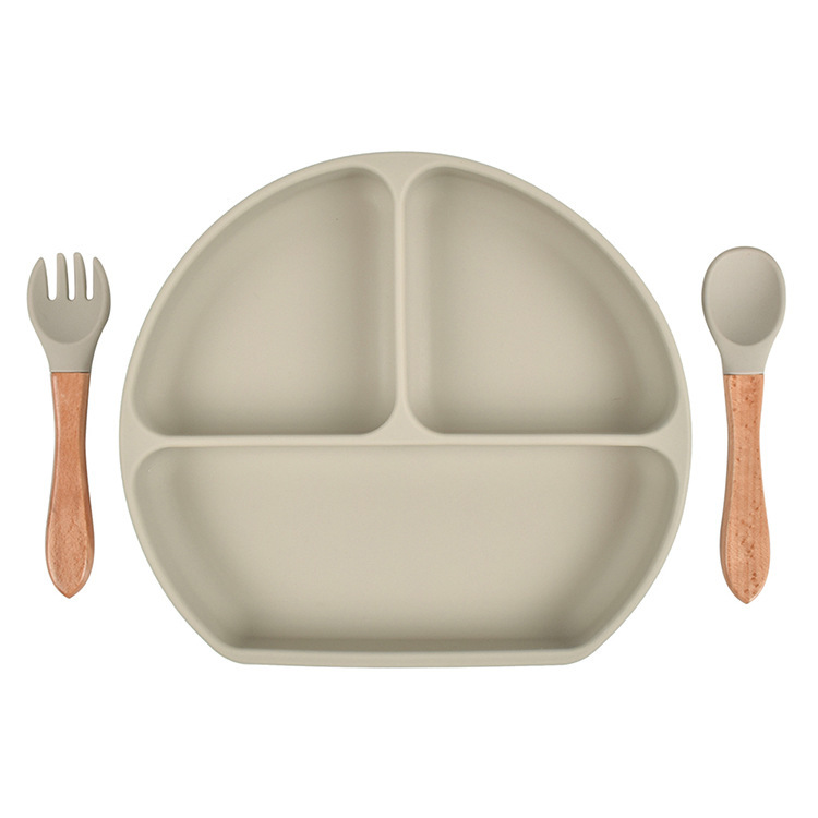 スポット分格子供食器ベビー吸盤シリコンボウル赤ちゃんスプーンストロー一体式シリコン皿|undefined