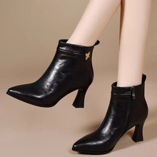 尖头高跟鞋爆款短靴女2025秋冬新款细跟软底中跟单靴手抓纹时装靴