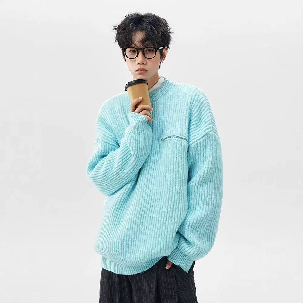简恒美式复古拉链口袋针织衫男设计感加厚设计款圆领毛衣高级感女