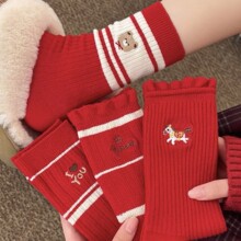 新年袜子女中筒马年本命年红袜子秋冬纯棉堆堆袜卡通可爱女袜红袜