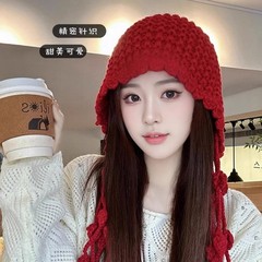日系网红流苏毛线帽子女秋冬季雷锋帽韩版甜美可爱护耳包头针织帽