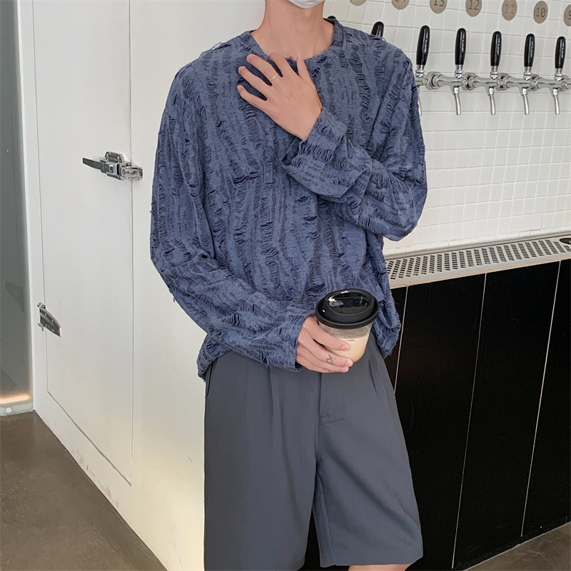 La Primavera de cuello redondo de manga larga Camiseta de los hombres de estilo coreano estilo de Hong Kong casual todo partido de moda ins pullover personalizado rasgado camiseta top