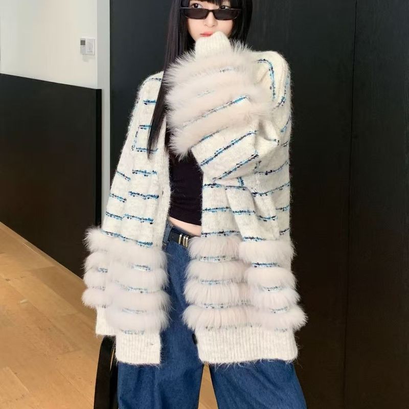 韩系慵懒风V领仿貂毛拼接针织开衫秋冬新款仿皮草时尚气质外套潮|undefined