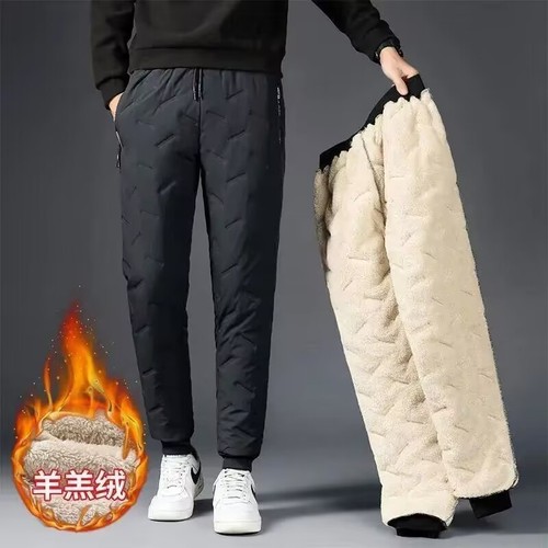 Lambskin lined pants for men, autumn and winter waterproof, windproof, loose, quilted, thick, large size straight leg warm cotton sport pants