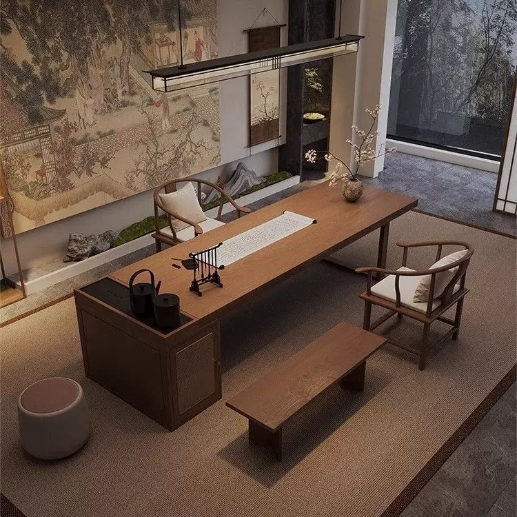 新中式宋代美学家用实木茶桌书桌一体写字台办公接待泡茶台洽谈桌