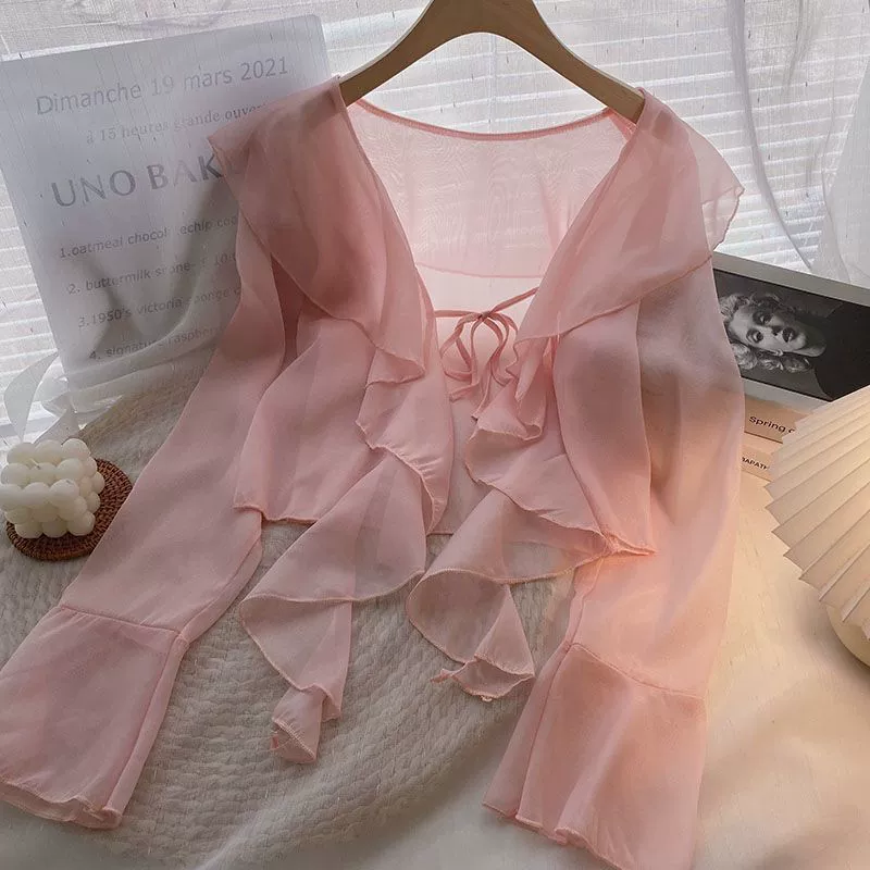 Шифоновая солнцезащитная одежда больших размеров с рюшами, женская летняя одежда с длинными рукавами и кондиционером, детская рубашка, топ