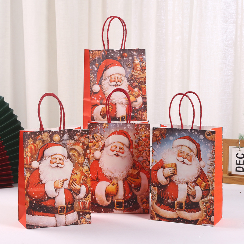 圣诞印花牛皮纸手提袋 圣诞老人包装袋 卡通网红风儿童糖果袋