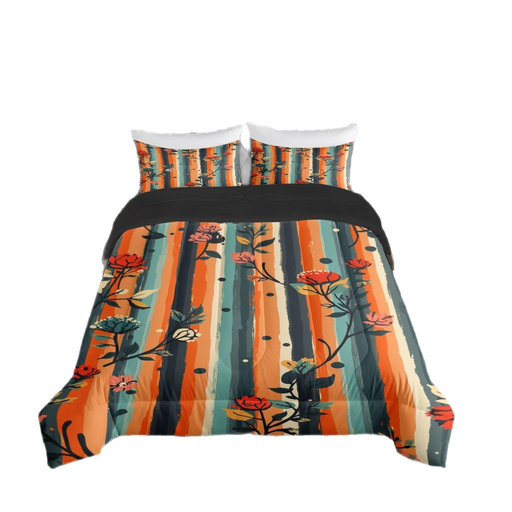 TEMU / JIT transfronterizo multicolor estriado floral HD impresión digital 180gms colcha colcha colchón kit