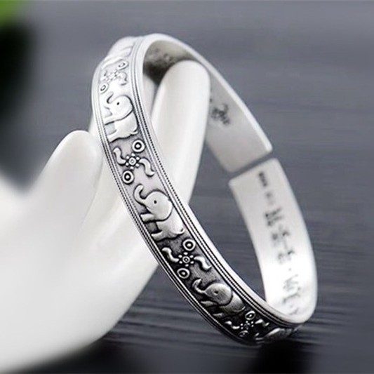 Retro plata tailandesa auspiciosa elefante hermoso significado abierto anillo de brazalete encantador brazalete de escritura Dorouni