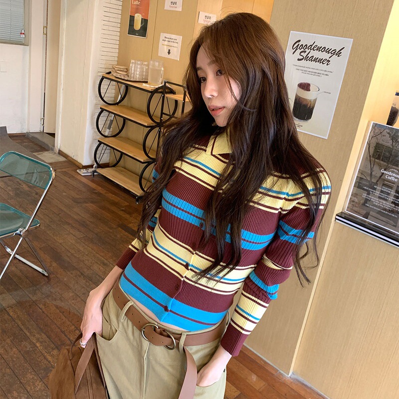 Korean Chic Autumn New Retro Age-Reducing Ribbed Slim-Fit Colorful Striped Long-Sleeve Knit Cardigan Top