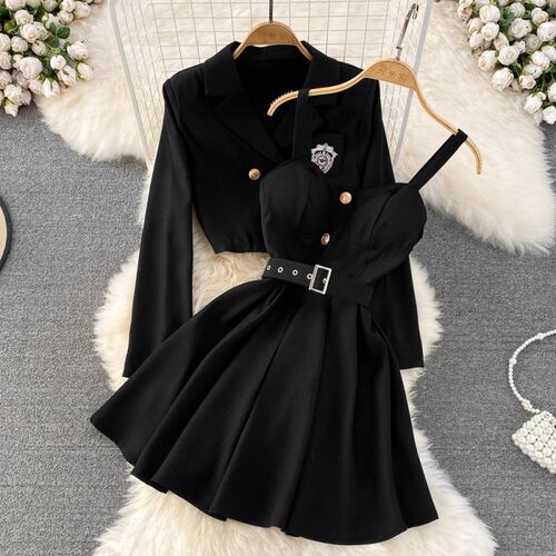 Plus Size Women's Spring Set 2025 Korean Style Fashion Outerwear, Slimming Tank Top Dress Two-Piece Set Trendy