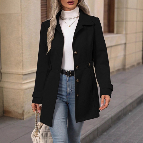 European and American 2025 Autumn/Winter New Arrival Women's Fashion Lapel-Button Solid Color Elegant Woolen Coat for Women