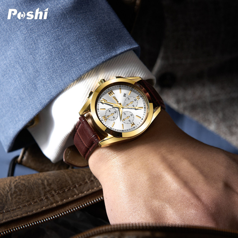 Reloj de los hombres Poshi correa de reloj de negocios impermeable de los hombres reloj de calendario luminoso reloj de cuarzo al por mayor