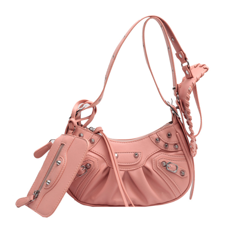 Bag Women's 2022 New Vintage Rivet Bike Bag Fashionable Underarm Pleated Crescent Mother Single Shoulder Crossbody Bag