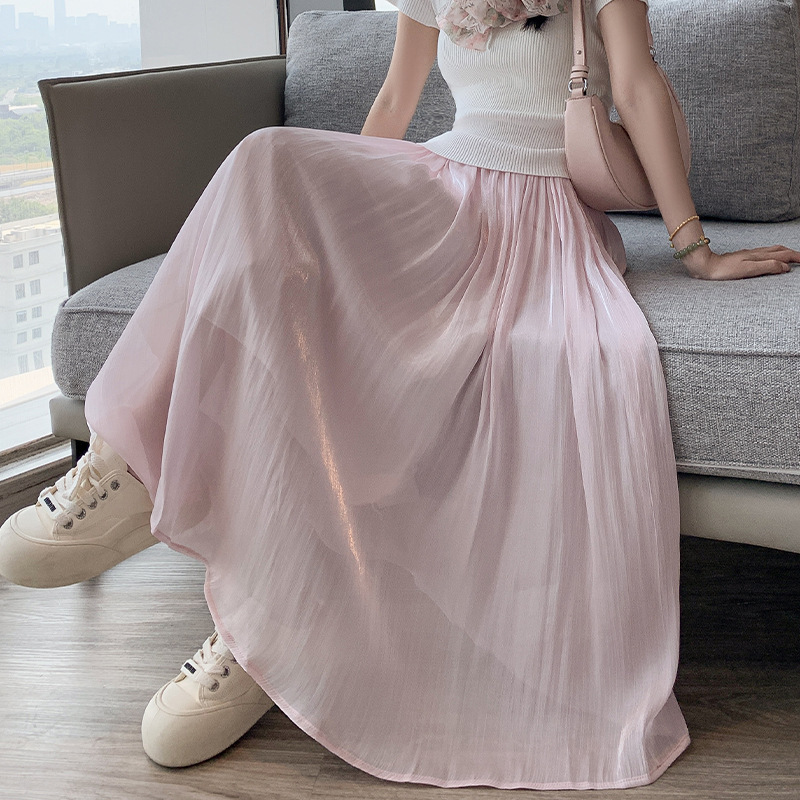 Solid Color Streamers Skirt Women's Summer High Waist Slimming A- Line Bright Silk Skirt French Elegant Pleated Mid-Length Skirt Solid Color Streamers Skirt Women's Summer High Waist Slimming A- Line Bright Silk Skirt French Elegant Pleated Mid-Length Skirt
