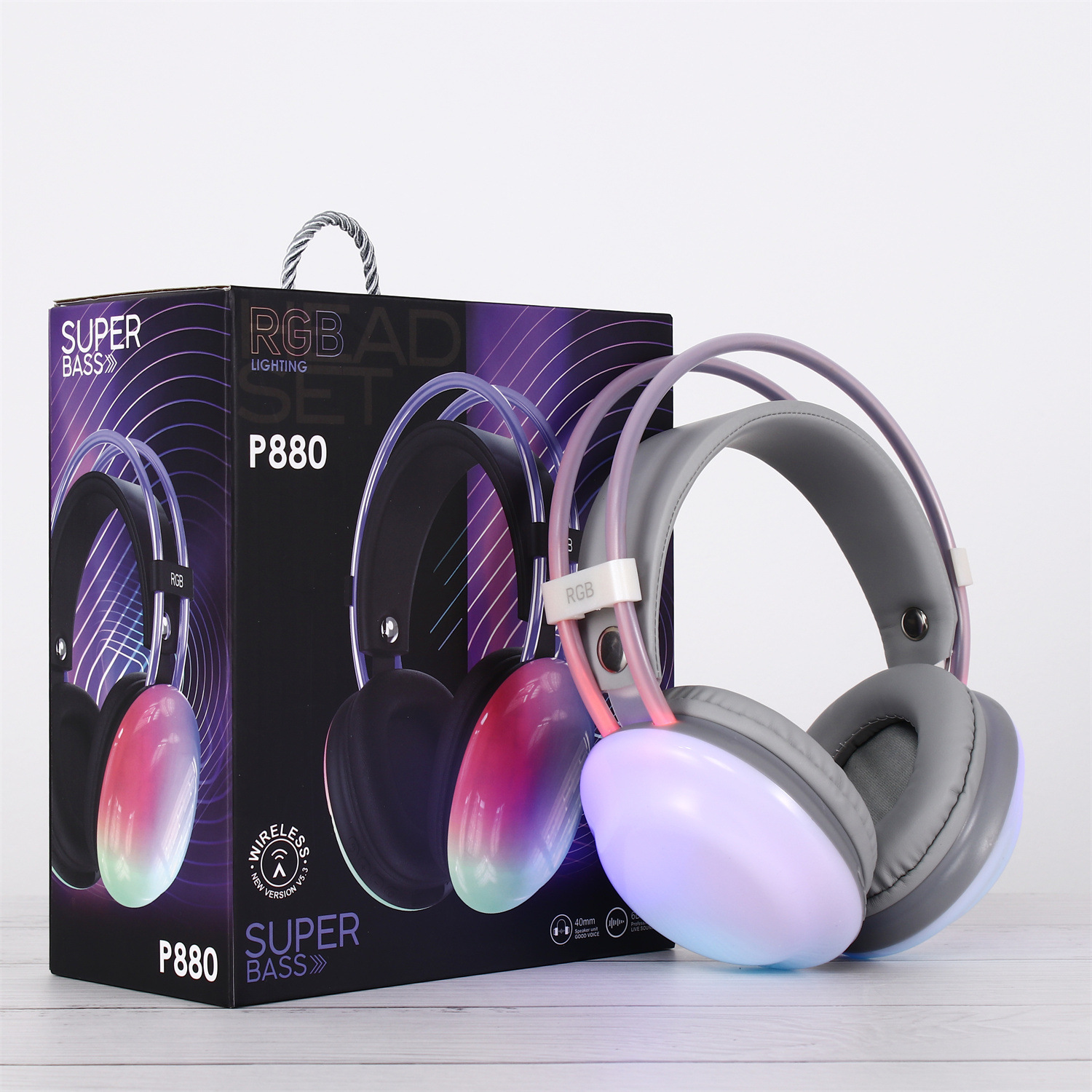 Nuevo auricular Bluetooth montado en la cabeza transfronterizo, auricular inalámbrico RGB luminoso de graves pesados, duración de la batería ultralarga y reducción de ruido