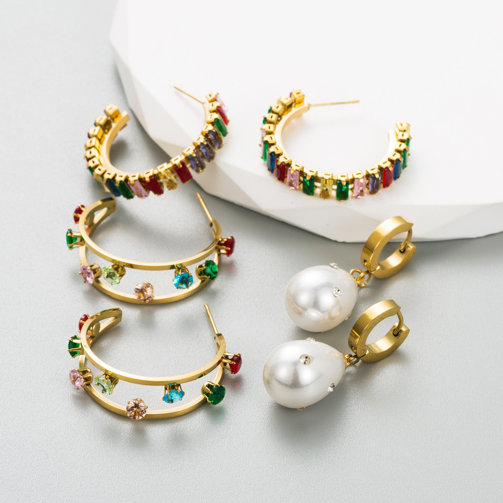 Fashion Geometric Titanium Steel Plating Rhinestones Ear Studs 1 Pair