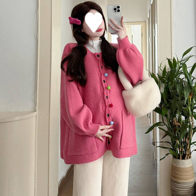 가을과 겨울 느슨한 두꺼운 사탕 컬러 스웨터 자켓베이스 셔츠 바지 유행 엄마 3 피스 세트