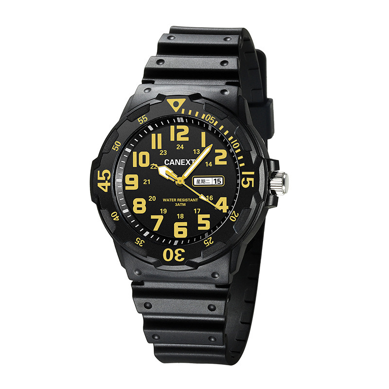 검은색 바탕에 노란색 글자가 새겨진 이중 달력